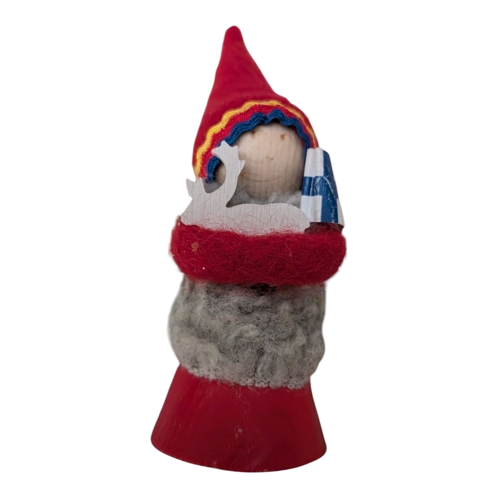 Vintage Finnish Wooden  Gnome Holding A Reindeer And Flag .  GUC